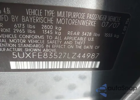 2007 BMW X5 4.8I z USA, uszkodzony, nr VIN 5UXFE83527LZ44987